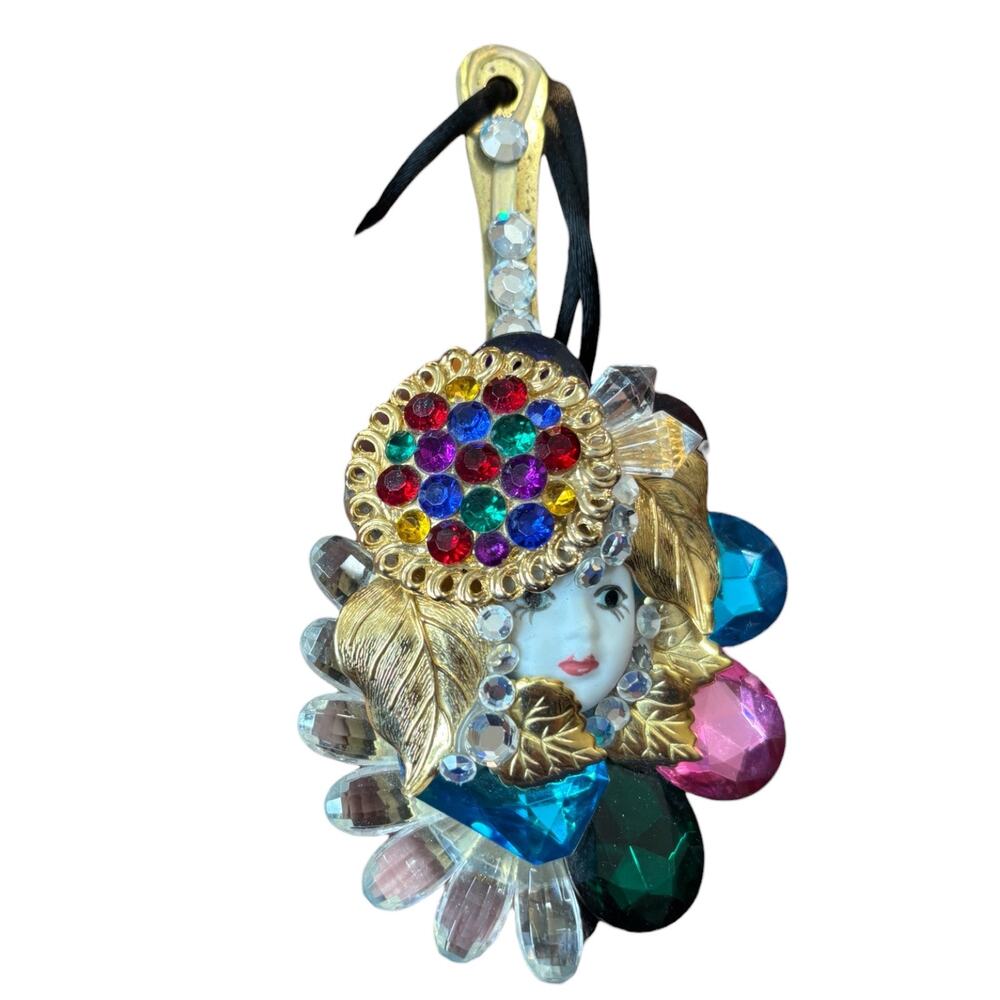 Vintage Handheld Vanity Mirror Jeweled Figural Lady Face Rhinestone Gold Tone